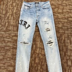 AMIRI Old English Ripped Skinny Jeans CLAY INDIGO